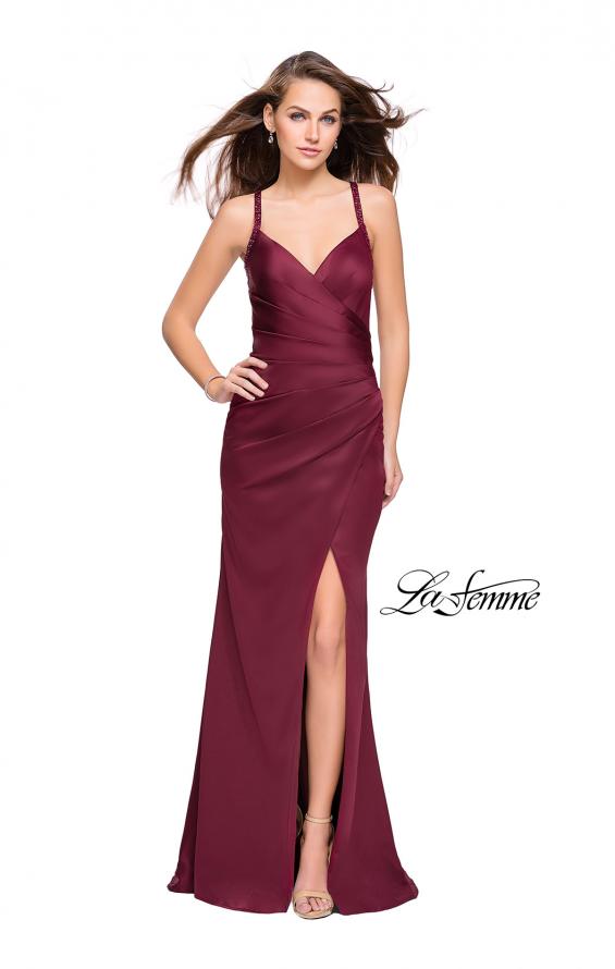 Picture of: Satin Prom Dress with Ruching and Open Strappy Back in Burgundy, Style: 26036, Main Picture