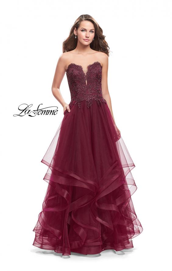 Picture of: Long Strapless Ball Gown with ruffle Tulle Skirt and Beads in Burgundy, Style: 26242, Main Picture