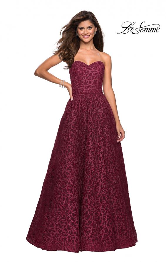 Picture of: Strapless A Line Ball Gown with Metallic Embroidery in Burgundy, Style: 27063, Main Picture