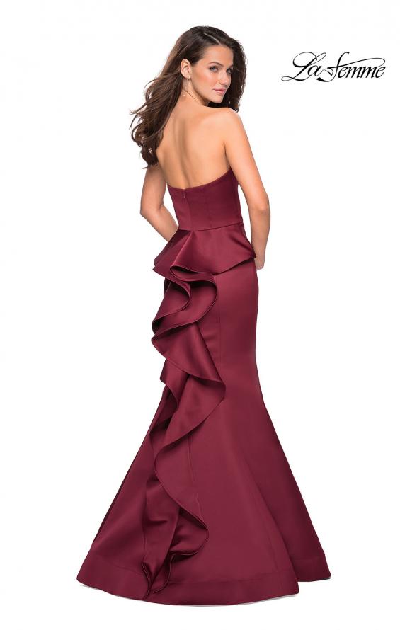 Picture of: Strapless V Prom Gown with Cascading Ruffle Back in Burgundy, Style: 27105, Main Picture