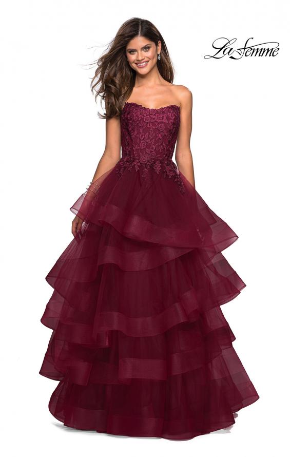 Picture of: Strapless Floor Length Layered Tulle Prom Gown in Burgundy, Style: 27291, Main Picture