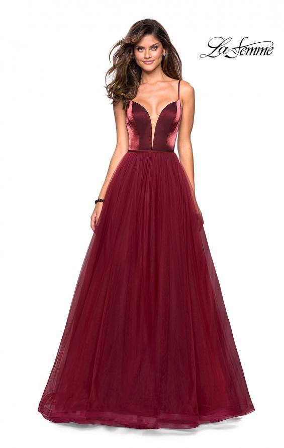 Picture of: Tulle evening Gown with Satin Bust and V Shaped Back in Burgundy, Style: 27485, Main Picture
