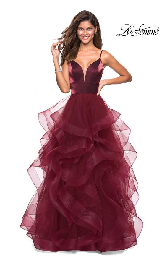 Picture of: Cascading Tulle Gown with Satin Top and V Back in Burgundy, Style: 27502, Main Picture
