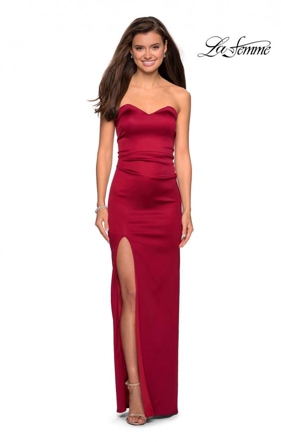 Picture of: Strapless Form Fitting Satin Dress with Side Leg Slit in Burgundy, Style: 27787, Main Picture