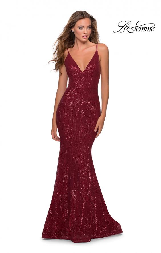 Picture of: Sequin Mermaid Prom Dress with Strappy Back in Burgundy, Style: 28519, Main Picture