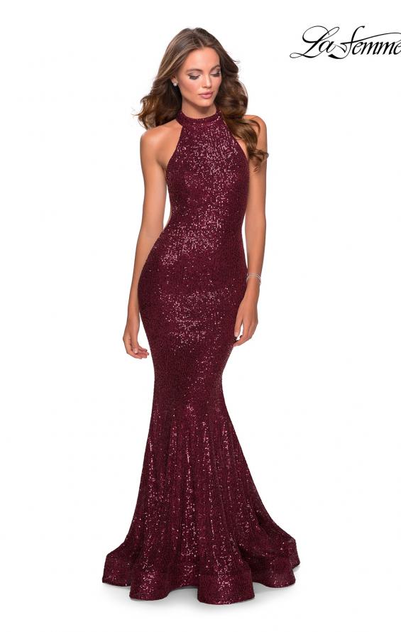 Picture of: Long Sequin Gown with High Neckline and Lace Back in Burgundy, Style: 28612, Main Picture