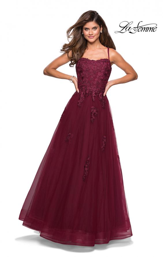 Picture of: Floor Length Tulle Ball Gown with Lace Accents in Burgundy, Style: 27441, Detail Picture 8
