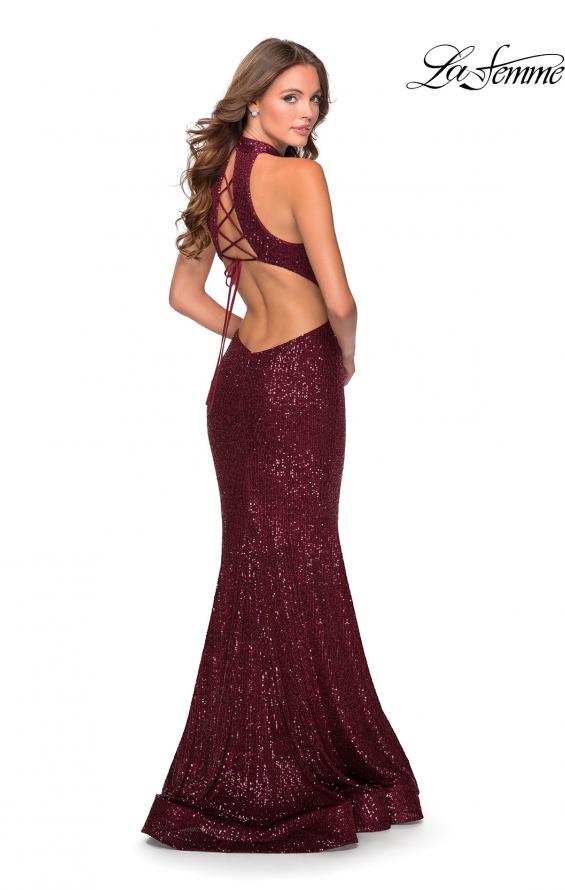 Picture of: Long Sequin Gown with High Neckline and Lace Back in Burgundy, Style: 28612, Detail Picture 8