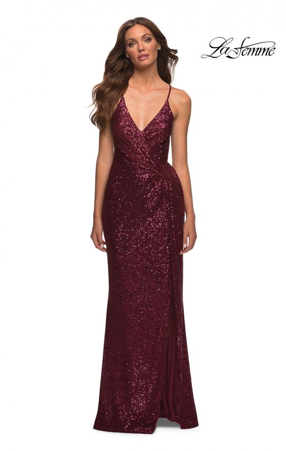 Picture of: Draped Slit Long Sequin Gown with Lace Up Back in Burgundy, Detail Picture 8