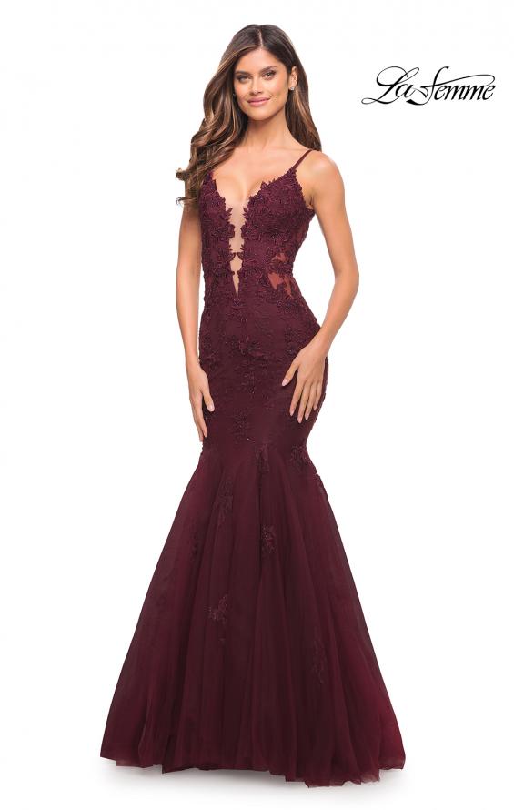 Picture of: Tulle and Lace Mermaid Gown in Jewel Tones in Burgundy, Style: 29680, Detail Picture 8