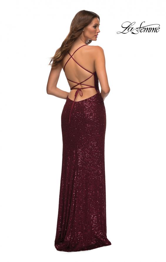 Picture of: Draped Slit Long Sequin Gown with Lace Up Back in Burgundy, Detail Picture 9