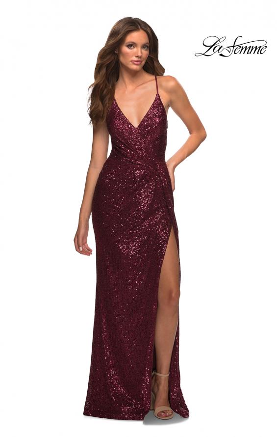 Picture of: Draped Slit Long Sequin Gown with Lace Up Back in Burgundy, Detail Picture 11