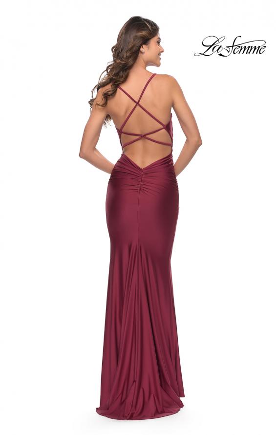 Picture of: Form Fitting Jersey Dress with Ruching and Strappy Back in Burgundy, Style: 27501, Detail Picture 14