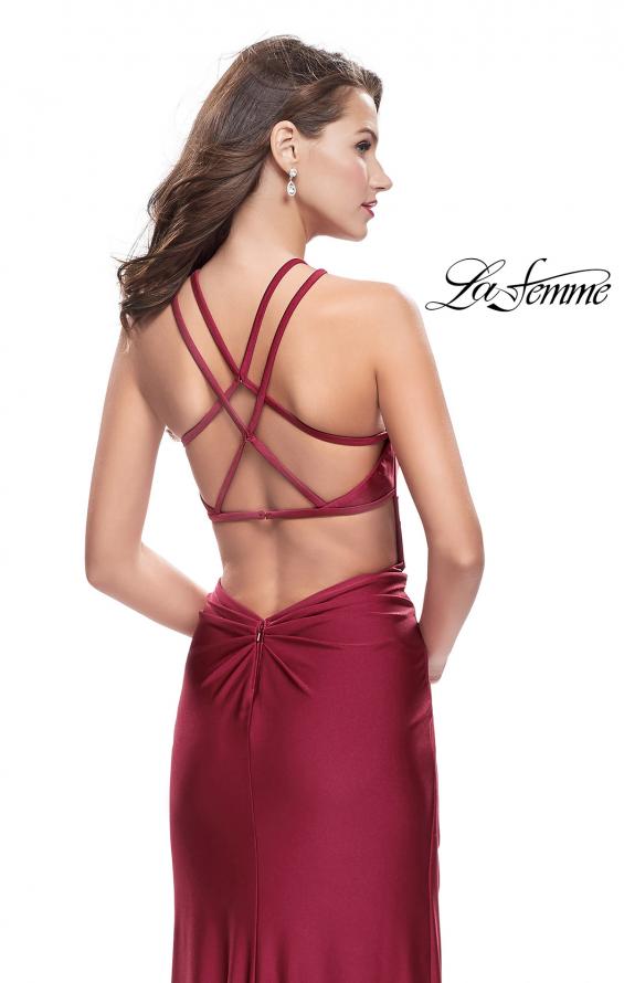 Picture of: High Neck Long Form Fitting Gown with Ruching in Burgundy, Style: 26141, Back Picture