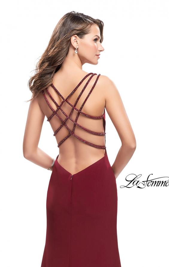 Picture of: Satin Prom Dress with Open Back and Beaded Straps in Burgundy, Style: 26167, Back Picture