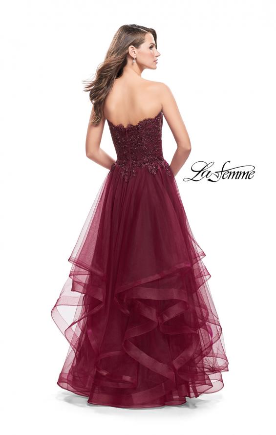 Picture of: Long Strapless Ball Gown with ruffle Tulle Skirt and Beads in Burgundy, Style: 26242, Back Picture