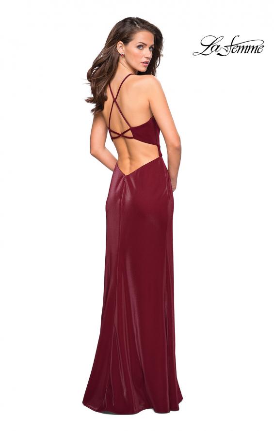 Picture of: Two Tone Long Gown with High Neckline and Side Slit in Burgundy, Style: 26962, Back Picture