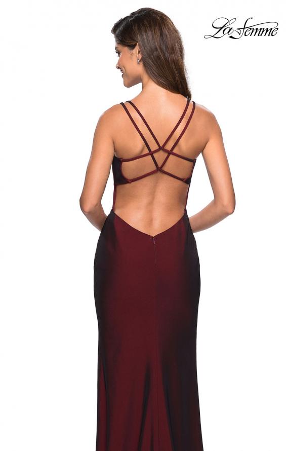 Picture of: Form Fitting Jersey Dress with Open Strappy Back in Burgundy, Style: 27512, Back Picture