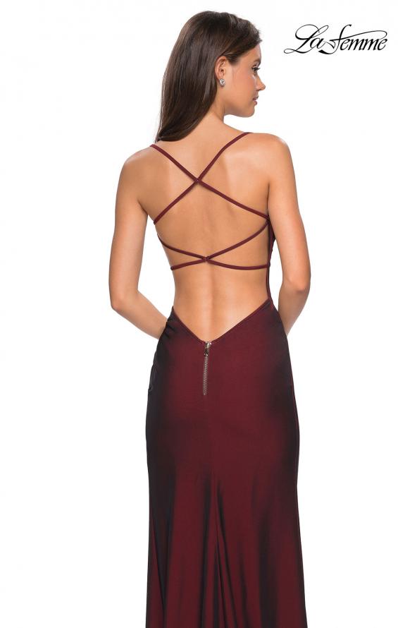 Picture of: Simple Long Jersey Dress with Slit and Ruching in Burgundy, Style: 27660, Back Picture