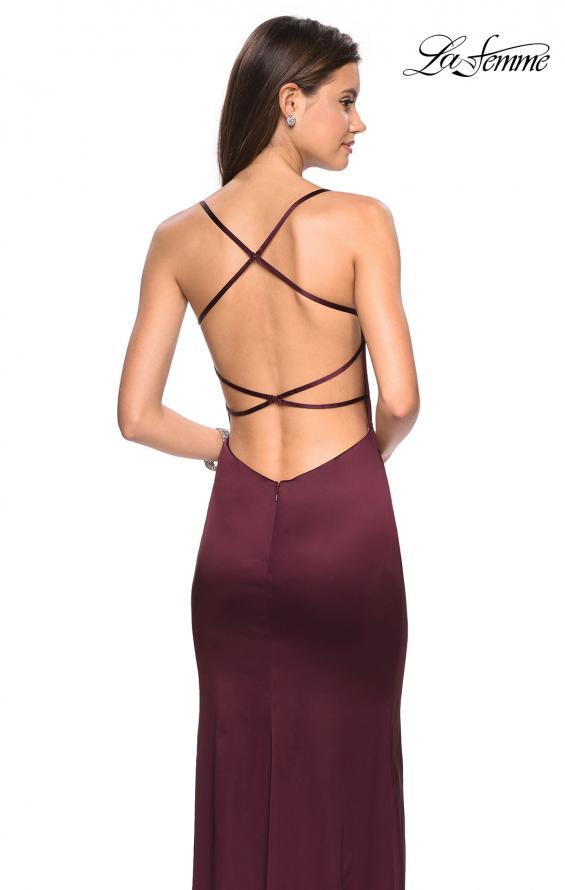 Picture of: Form Fitting Satin Dress with Slit and Strappy Back in Burgundy, Style: 27758, Back Picture