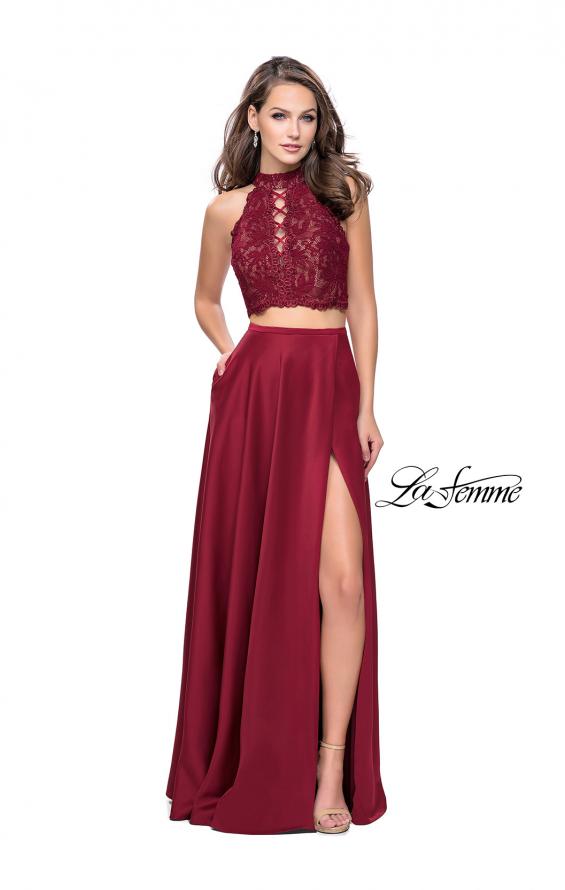 Picture of: Two piece gown with lace up top and satin A line skirt in Burgundy, Style: 25263, Detail Picture 1