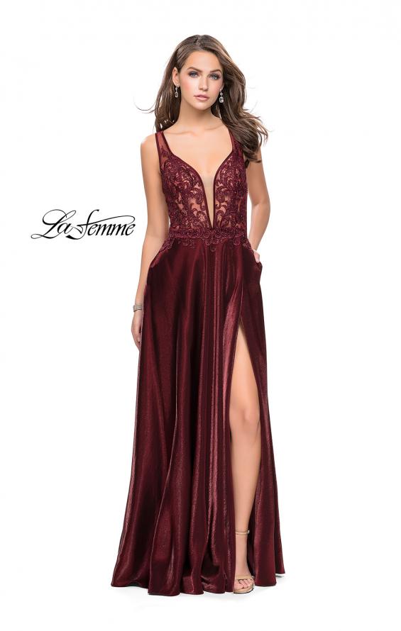 Picture of: Two Tone A-line Gown with Lace Bodice and Leg Slit in Burgundy, Style: 25907, Detail Picture 1