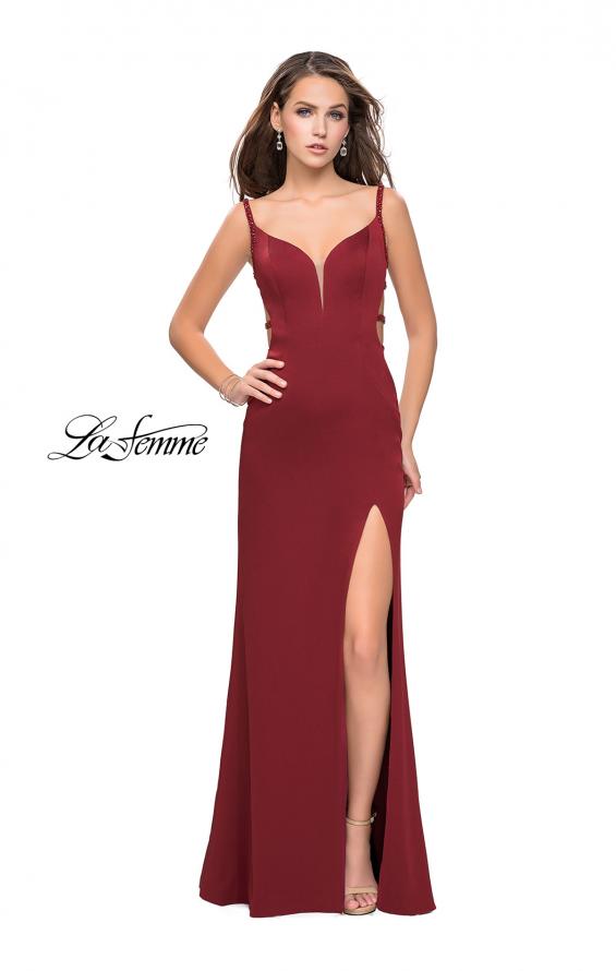 Picture of: Satin Prom Dress with Metallic Beaded Straps and Slit in Burgundy, Style: 26012, Detail Picture 1