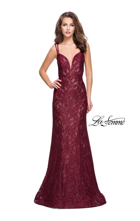 Picture of: Long Lace Mermaid Prom Dress with Double Straps in Burgundy, Style: 26043, Detail Picture 1