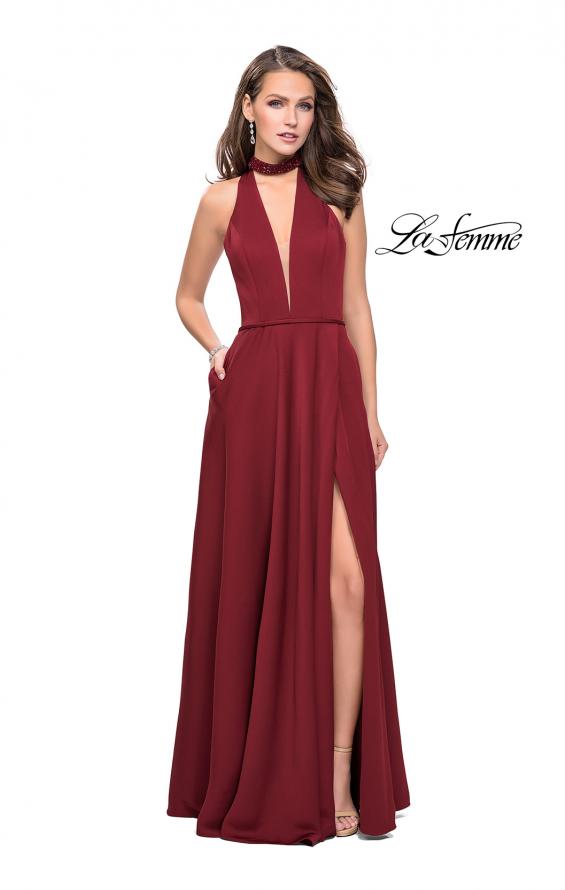 Picture of: Long Satin Prom Dress with Pockets and Beaded Choker in Burgundy, Style: 26154, Detail Picture 1