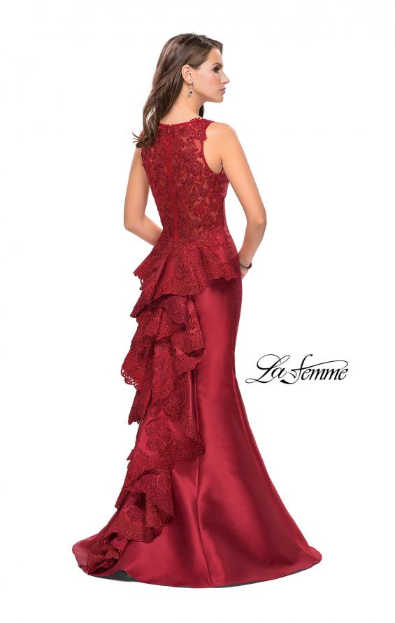 Picture of: Long Mermaid Gown with Lace Back and Ruffles in Burgundy, Style: 26217, Detail Picture 1