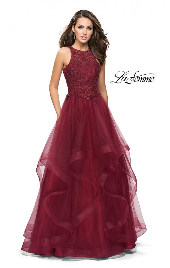 Picture of: Ball Gown with Tulle Skirt, High Neck, Beads, and Lace in Burgundy, Style: 26386, Detail Picture 1
