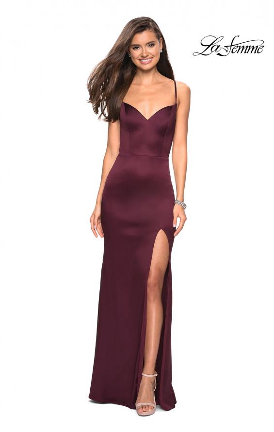 Picture of: Form Fitting Satin Dress with Slit and Strappy Back in Burgundy, Style: 27758, Detail Picture 1