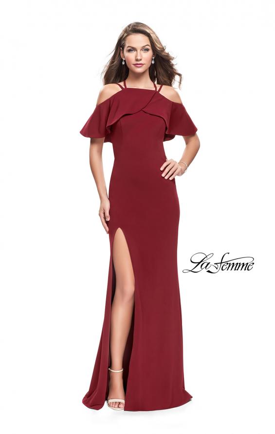 Picture of: Long Jersey Prom Dress with Off the Shoulder Ruffle Detail in Burgundy, Style: 25556, Detail Picture 2