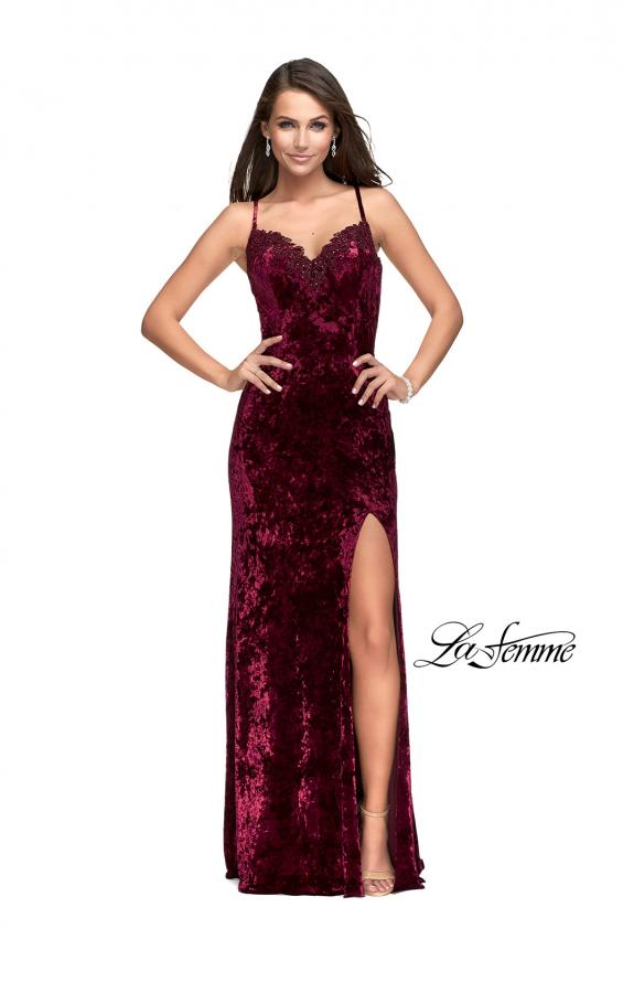 Picture of: Crushed Velvet Prom Dress with Lace Neckline in Burgundy, Style: 25881, Detail Picture 2