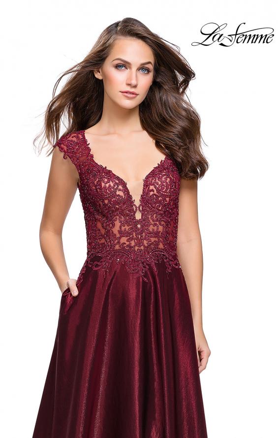 Picture of: A-Line Dress with Satin Skirt and Beaded Lace Bodice in Burgundy, Style: 25973, Detail Picture 2