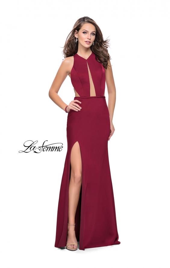 Picture of: Satin Prom Gown with High Neck and Side Cut Outs in Burgundy, Style: 26005, Detail Picture 2