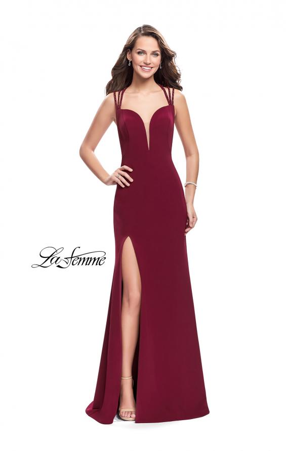 Picture of: Satin Prom Dress with Open Back and Beaded Straps in Burgundy, Style: 26167, Detail Picture 2