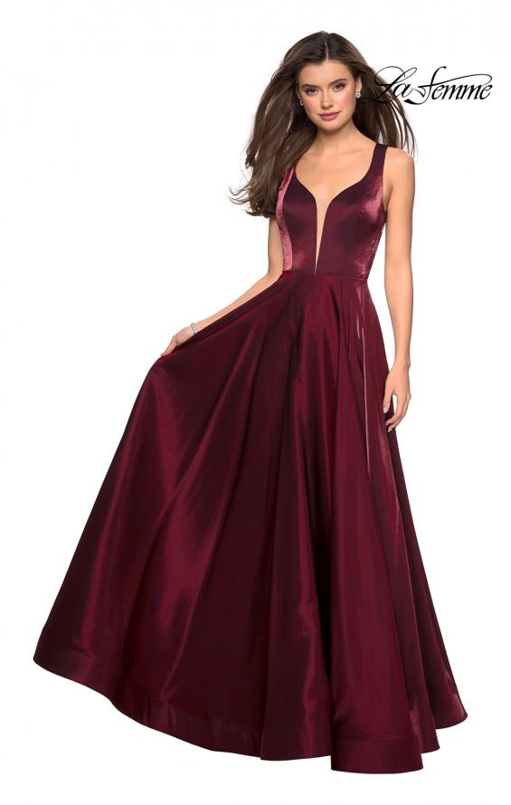 Picture of: Two Tone Satin Long Gown with Plunging Neckline in Burgundy, Style: 27049, Detail Picture 2