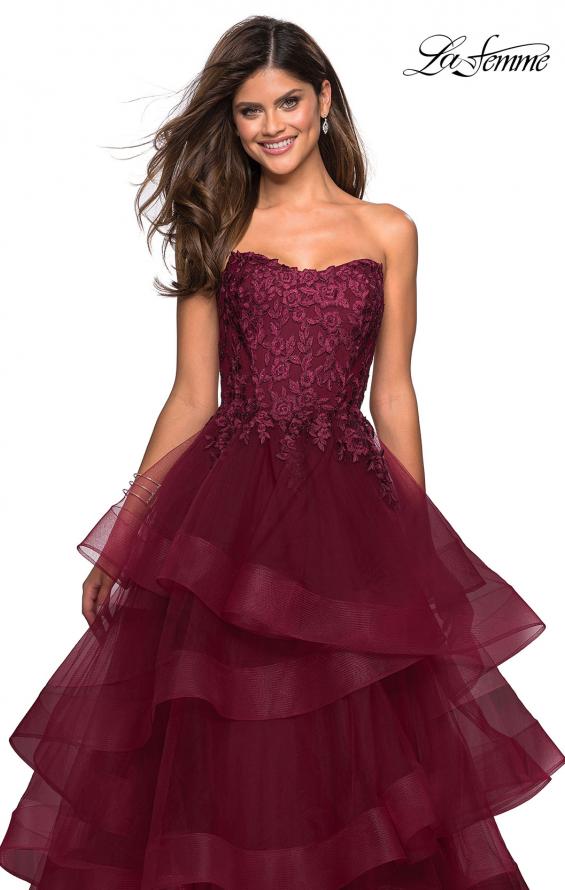 Picture of: Strapless Floor Length Layered Tulle Prom Gown in Burgundy, Style: 27291, Detail Picture 2