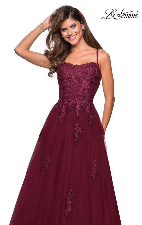 Picture of: Floor Length Tulle Ball Gown with Lace Accents in Burgundy, Style: 27441, Detail Picture 2