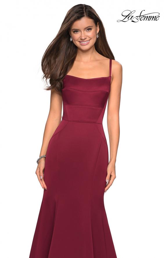 Picture of: Fitted Long Dress with Seams and Large Gold Zipper in Burgundy, Style: 27524, Detail Picture 2