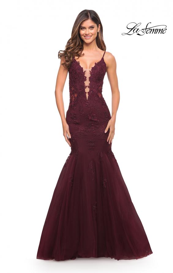 Picture of: Tulle and Lace Mermaid Gown in Jewel Tones in Burgundy, Style: 29680, Detail Picture 2
