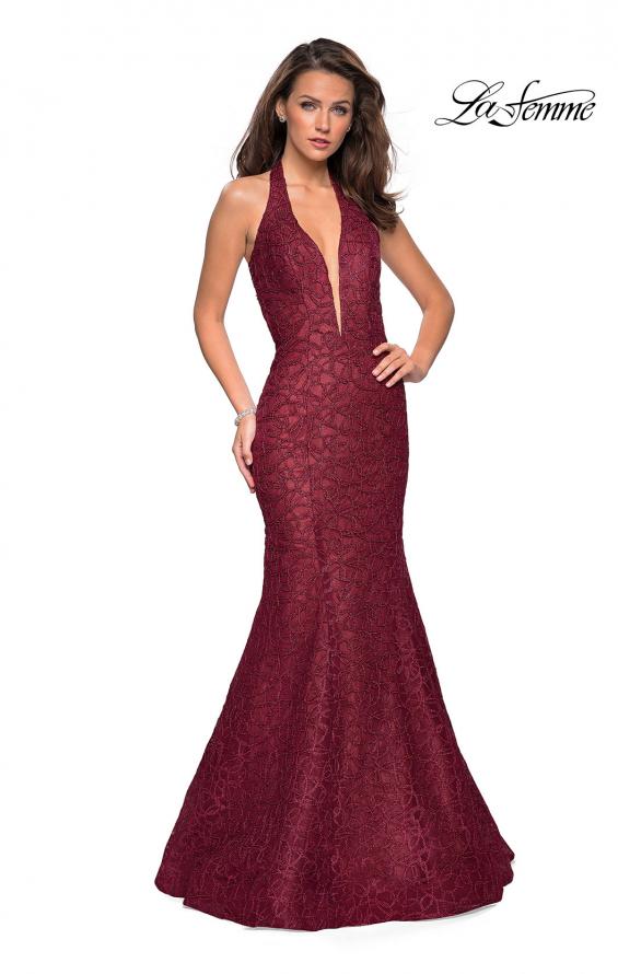 Picture of: Metallic Lace Halter Long Prom Dress with Open Back in Burgundy, Style: 27228, Detail Picture 3