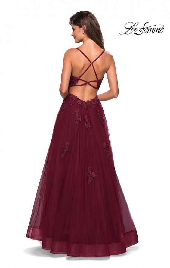 Picture of: Floor Length Tulle Ball Gown with Lace Accents in Burgundy, Style: 27441, Detail Picture 3