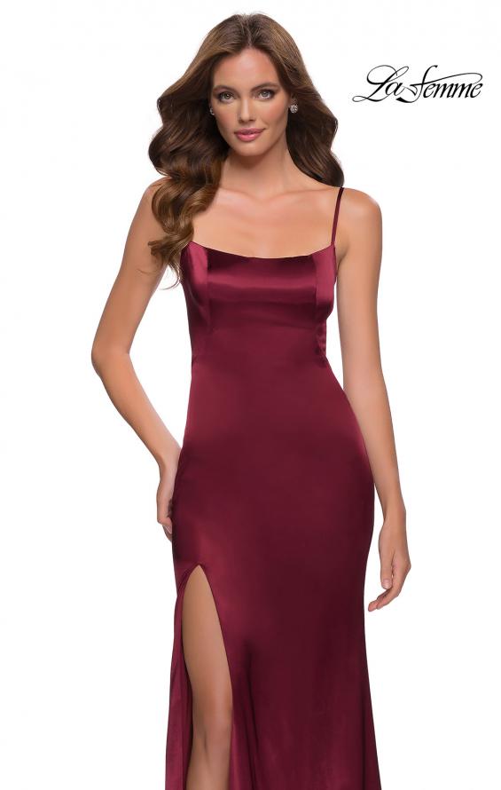Picture of: Fitted Stretch Satin Dress with Scoop Back in Burgundy, Style 29945, Detail Picture 3