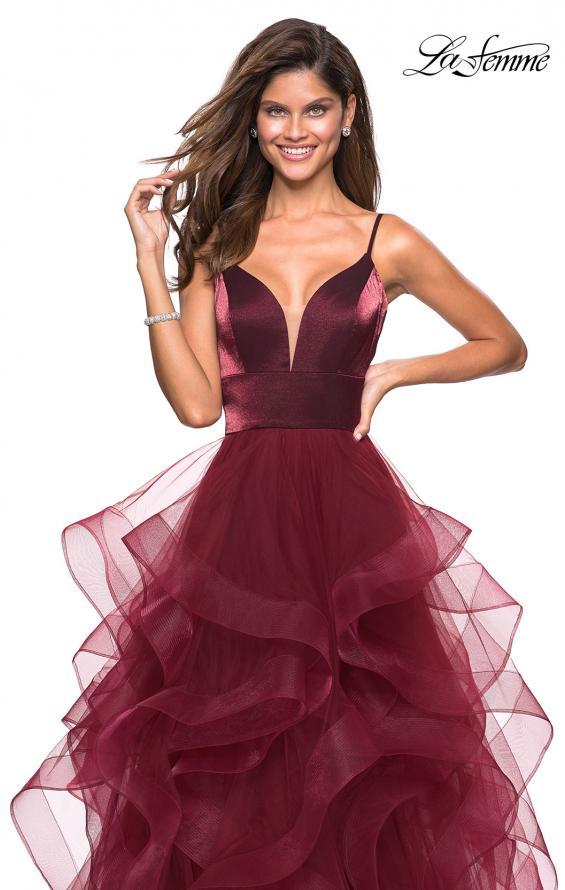 Picture of: Cascading Tulle Gown with Satin Top and V Back in Burgundy, Style: 27502, Detail Picture 4