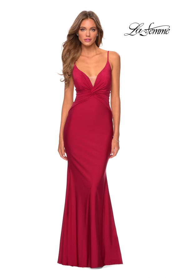 Picture of: Long Jersey Dress with Center Knot Detail in Burgundy, Style: 28581, Detail Picture 4