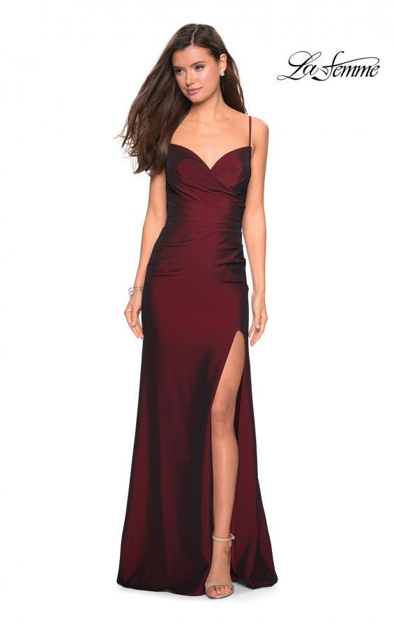 Picture of: Classic Long Jersey Gown with Side Ruching and Slit in Burgundy, Style: 27626, Detail Picture 5