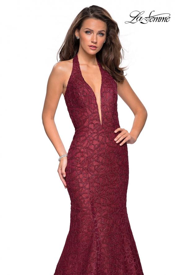 Picture of: Metallic Lace Halter Long Prom Dress with Open Back in Burgundy, Style: 27228, Detail Picture 6