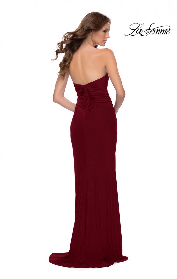 Picture of: Strapless Jersey Dress with Ruching and Skirt Slit in Burgundy, Style: 29489, Style: 29489